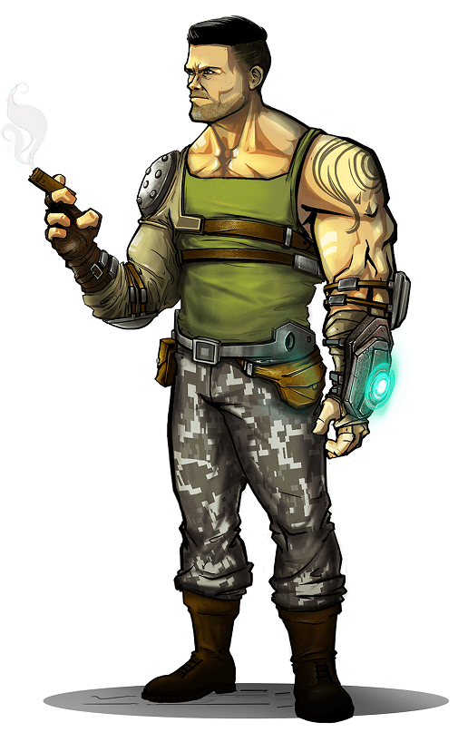Cybernetic soldier character holding a cigar with robotic arm and tactical outfit