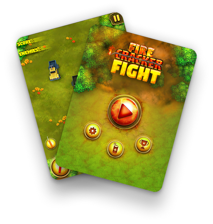 Fire Cracker Fight mobile game menu screen with play button and forest battlefield theme