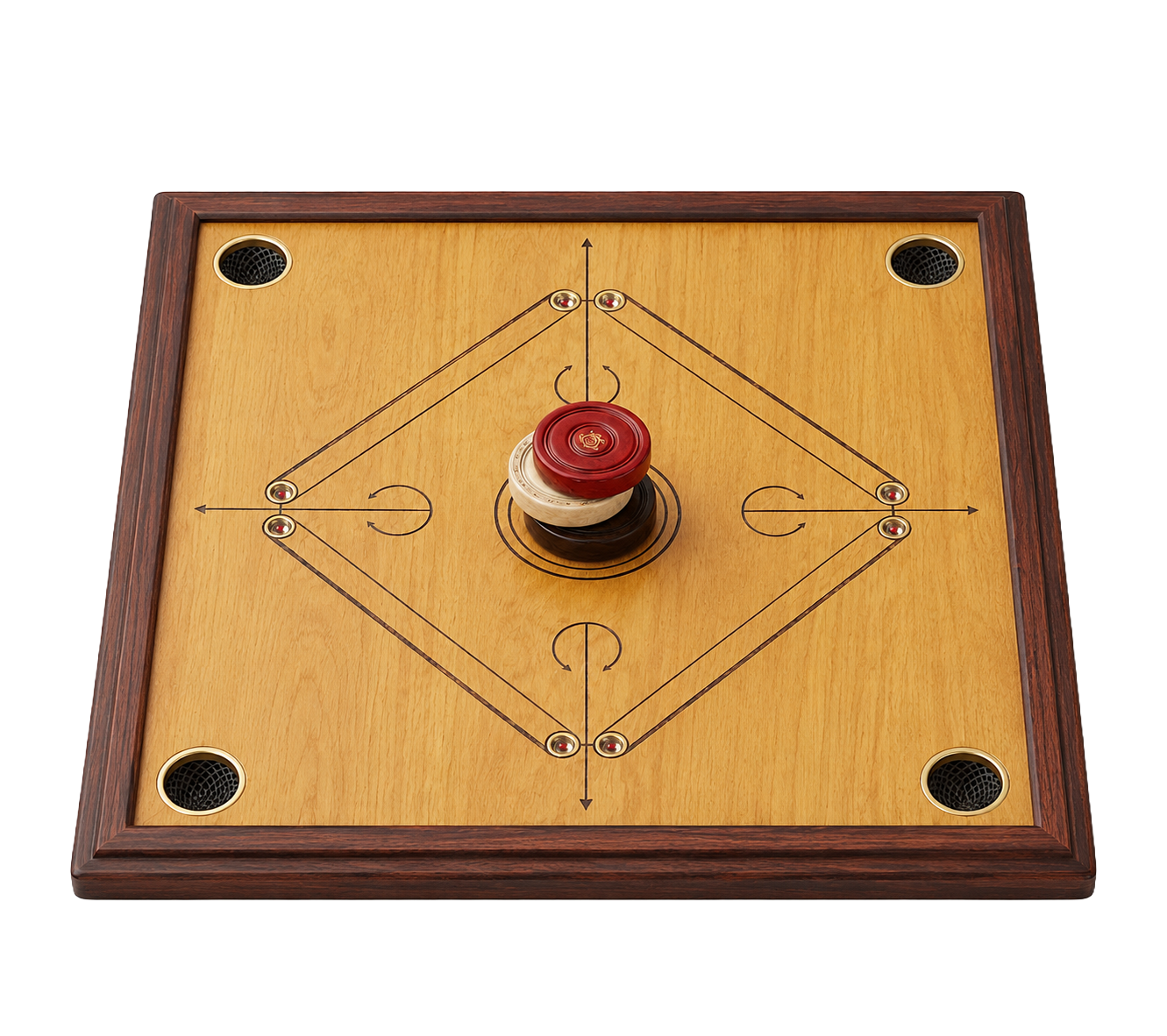 Carrom tabletop board game with striker and black, white coins