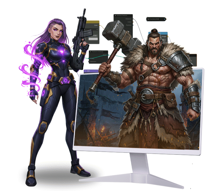 Futuristic lady warrior and an ancient warrior character posing for PC game development company Logic Simplified