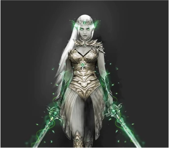 2D art design of a warrior woman with swords and armor