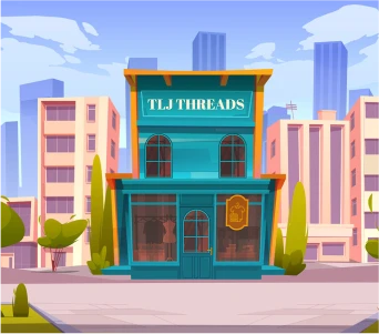 Illustration of a small store named 'TLJ Threads'