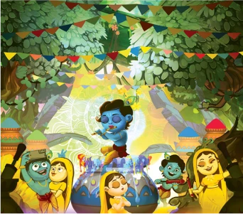 An illustration of a playful, Krishna, surrounded by joyful devotees and animals