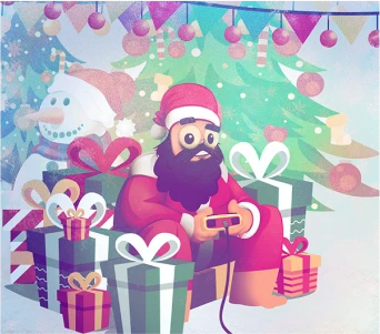 Santa with a video game controller surrounded by Christmas gifts