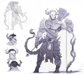 Black and white sketches of a humanoid creature