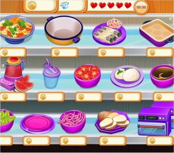 A cooking game interface showcasing a variety of food items and utensils