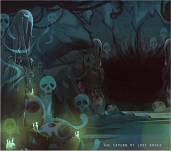 A dark, mysterious cave with ghostly figures and skulls