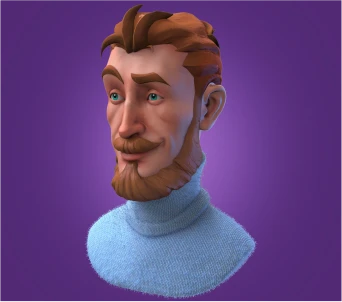 Stylized 3D art design of a bearded man