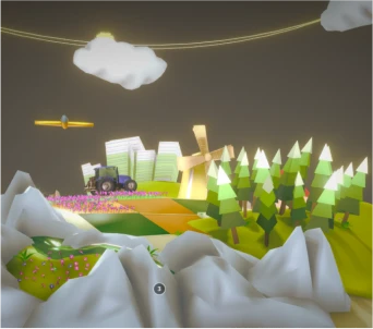 3D-rendered scene of a stylized, low-poly landscape featuring a tractor on a road, a windmill