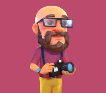 3D art of bearded man with glasses holding a camera