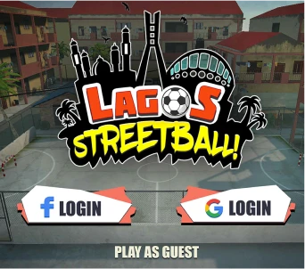 Lagos Streetball game login screen with options to log in via Facebook, Google, or as a guest