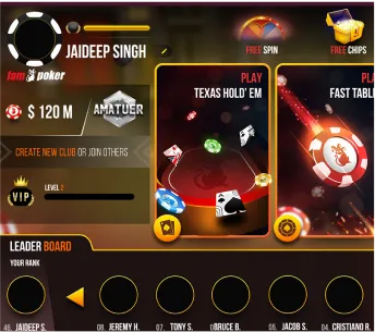 UI of poker game with bonus spins and chips