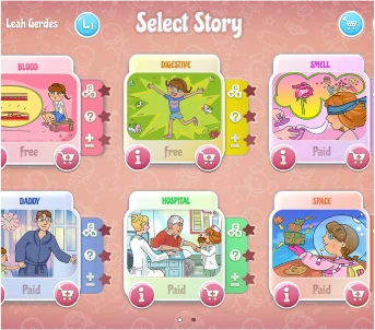 Story selection screen with various topics