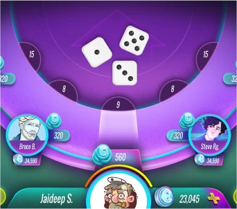 Colorful dice game interface with player scores and avatars displayed