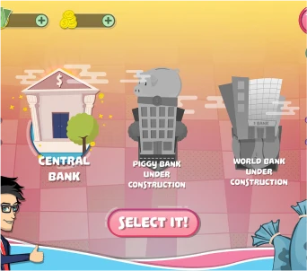 Game menu showing Central Bank option with two banks under construction