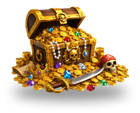Treasure pile with gold coins, gems, and a sword