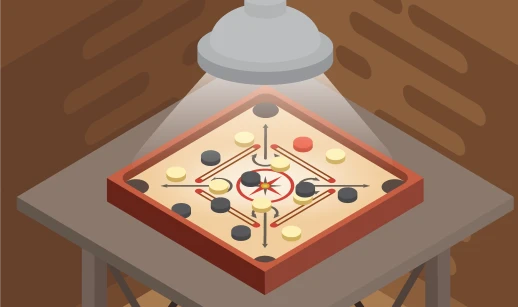 Carrom tabletop board game with striker and black, white coins