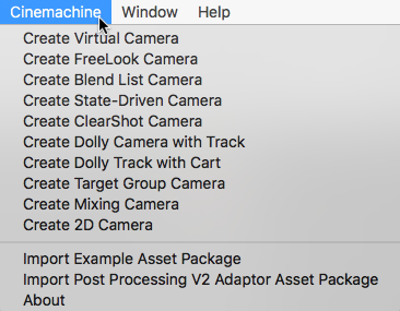 View of Cinemachine main menu list