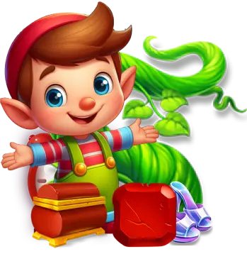 Cheerful elf with treasures and a beanstalk