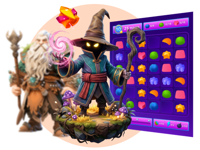 A cartoon rabbit in a helmet stands before two phones showing match-3 and word search games