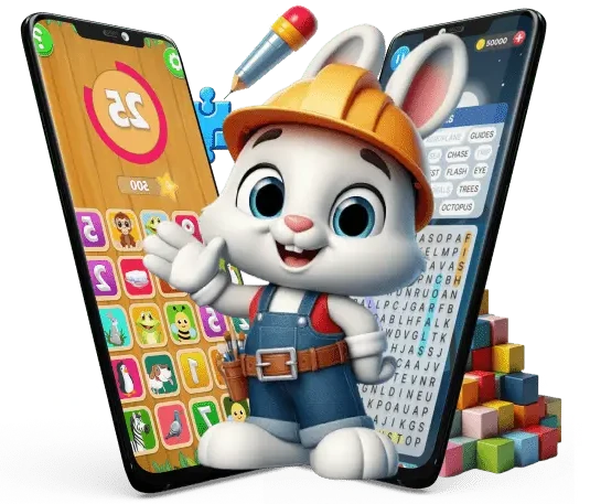 A cartoon rabbit in a helmet stands before two phones showing match-3 and word search games