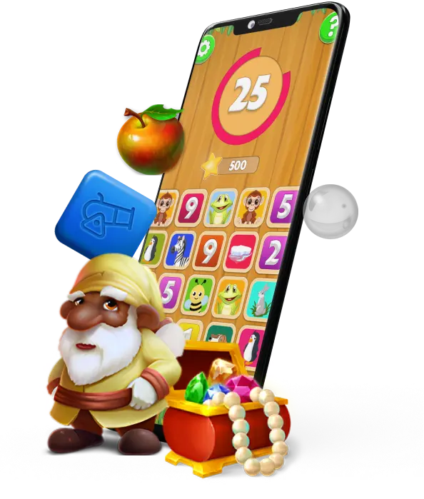 A bearded character with a treasure chest beside a phone displaying a match-3 game