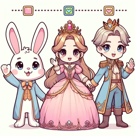 A chibi-style princess, prince, and royal bunny in elegant attire, waving cheerfully