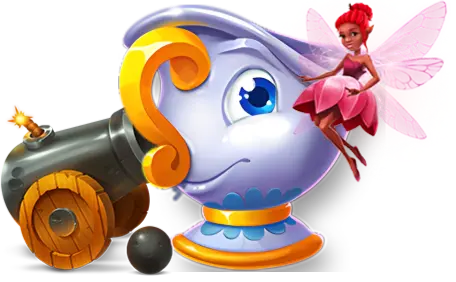 A magical teapot cannon with a playful fairy, adding a fun twist