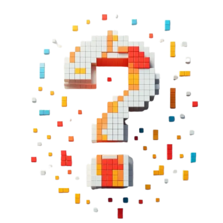 Pixelated question mark with floating blocks