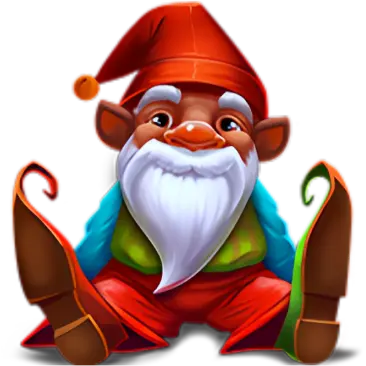 A colorful gnome with a white beard, red hat, and curled shoes, sitting playfully