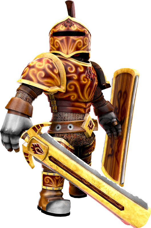 A warrior in a full armor with sword and shield showcasing our Roblox game development services