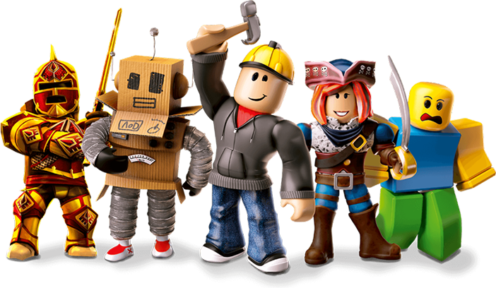5 Roblox Characters posing with their tools and weapons for our custom roblox game development